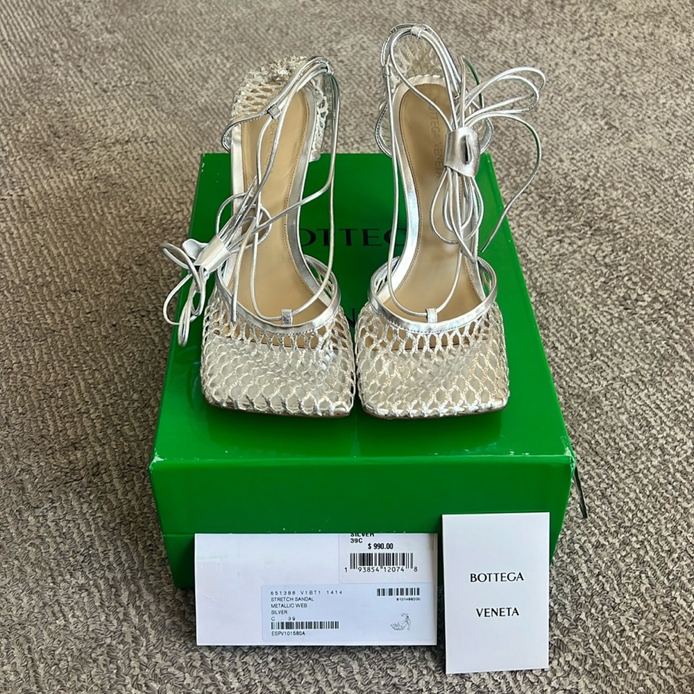 Bottega Veneta Metallic Web Stretch Mesh High Heel Sandals Women 39 Silver